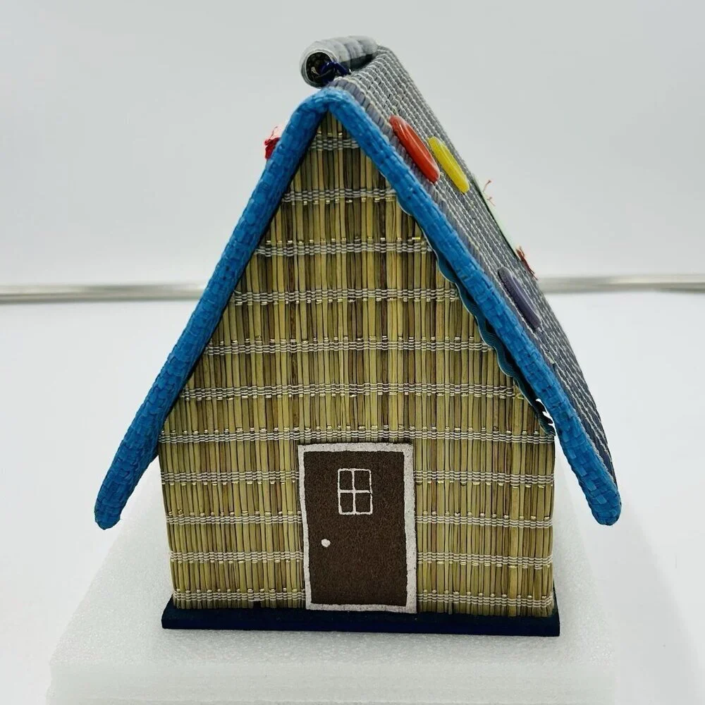 Vintage House Shaped Sewing Case Kit Box Bamboo Woven Japan Satin Lined